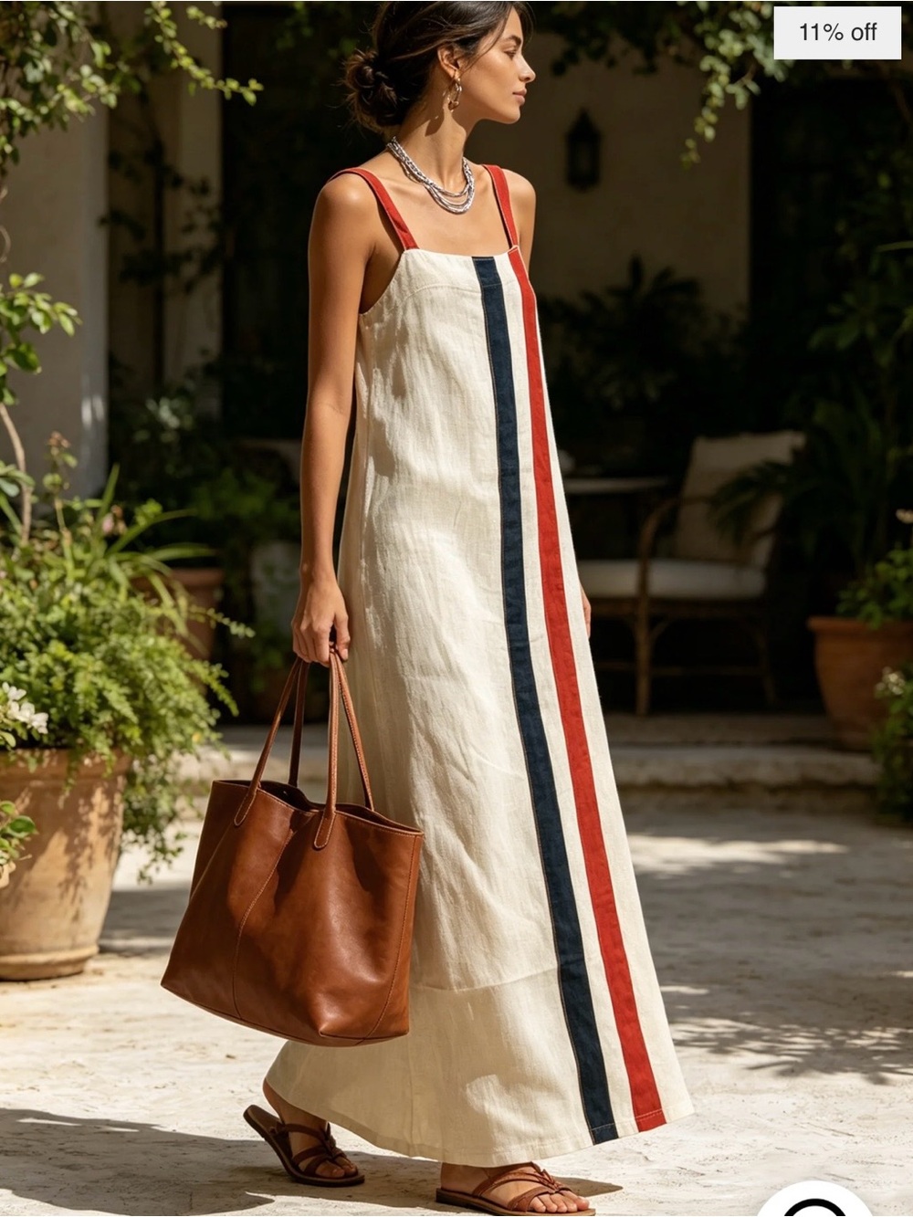 Oklora Cream Maxi Dress with Red and Navy Stripes S